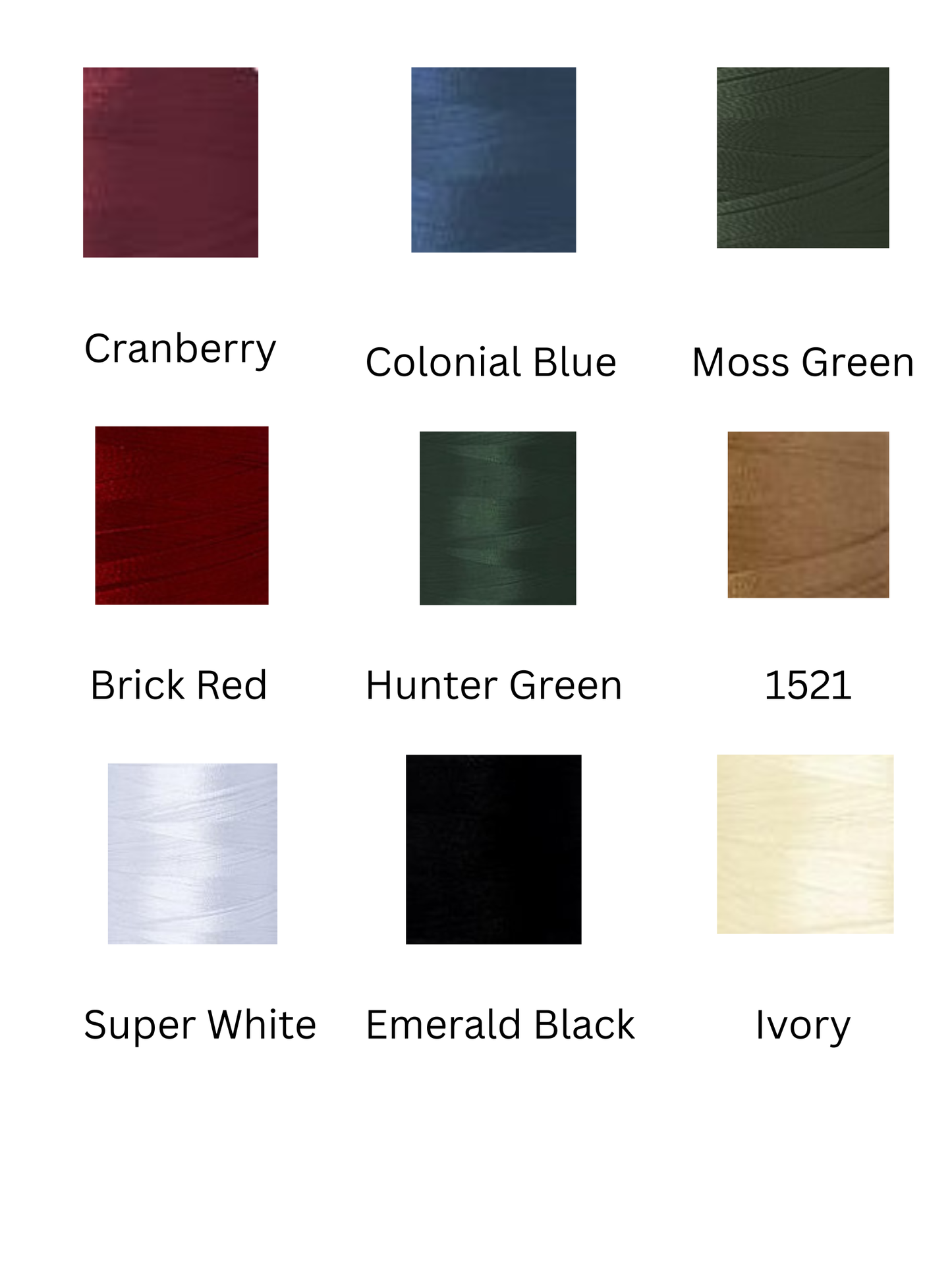 Color swatches with labels for cranberry, colonial blue, moss green, brick red, hunter green, 1521, super white, emerald black, and ivory.