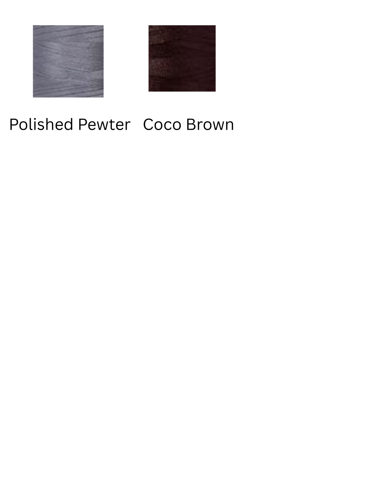 Two hair color swatches labeled 'Polished Pewter' and 'Coco Brown' on a white background.