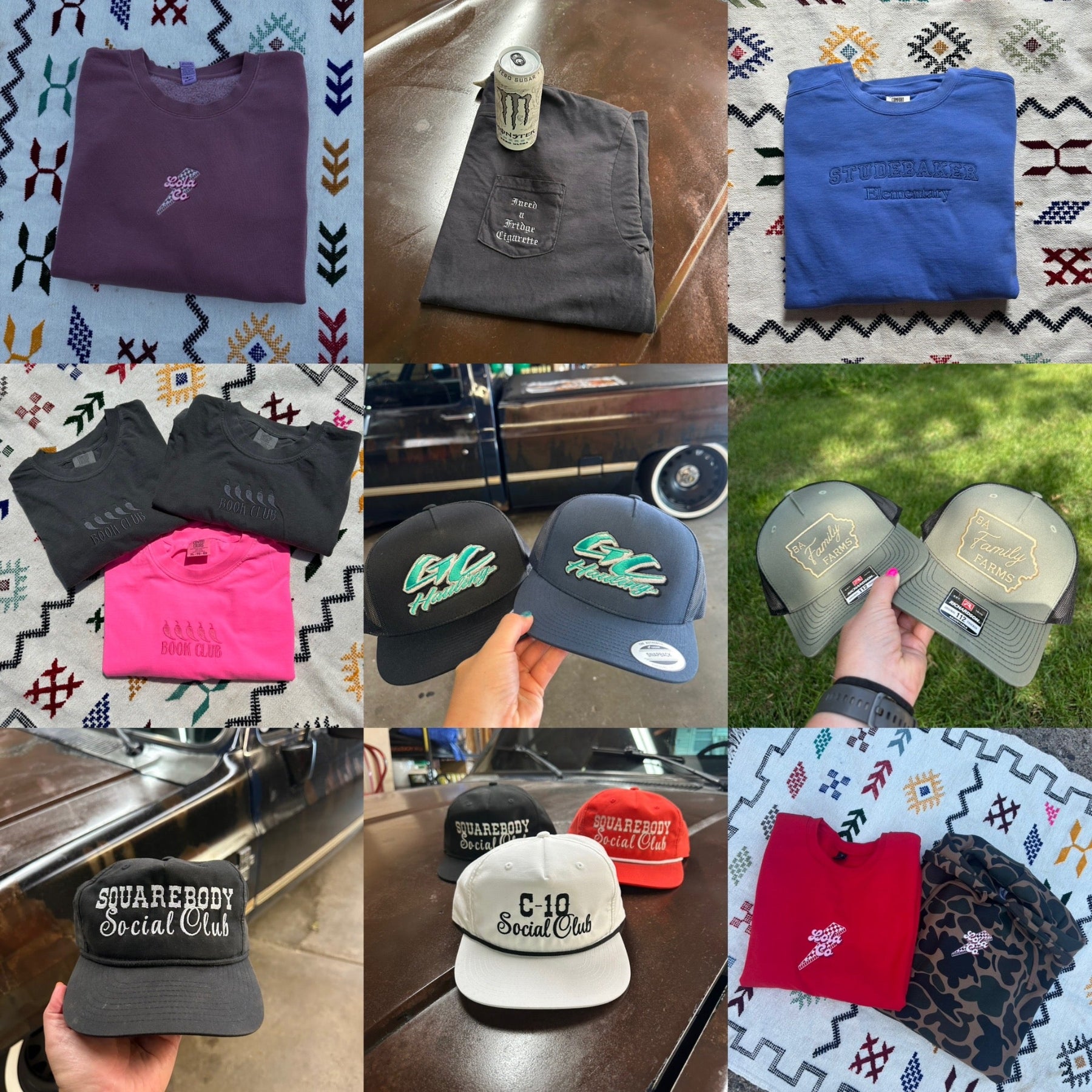 Collage of various hats and shirts with different designs and colors. custom embroidery
