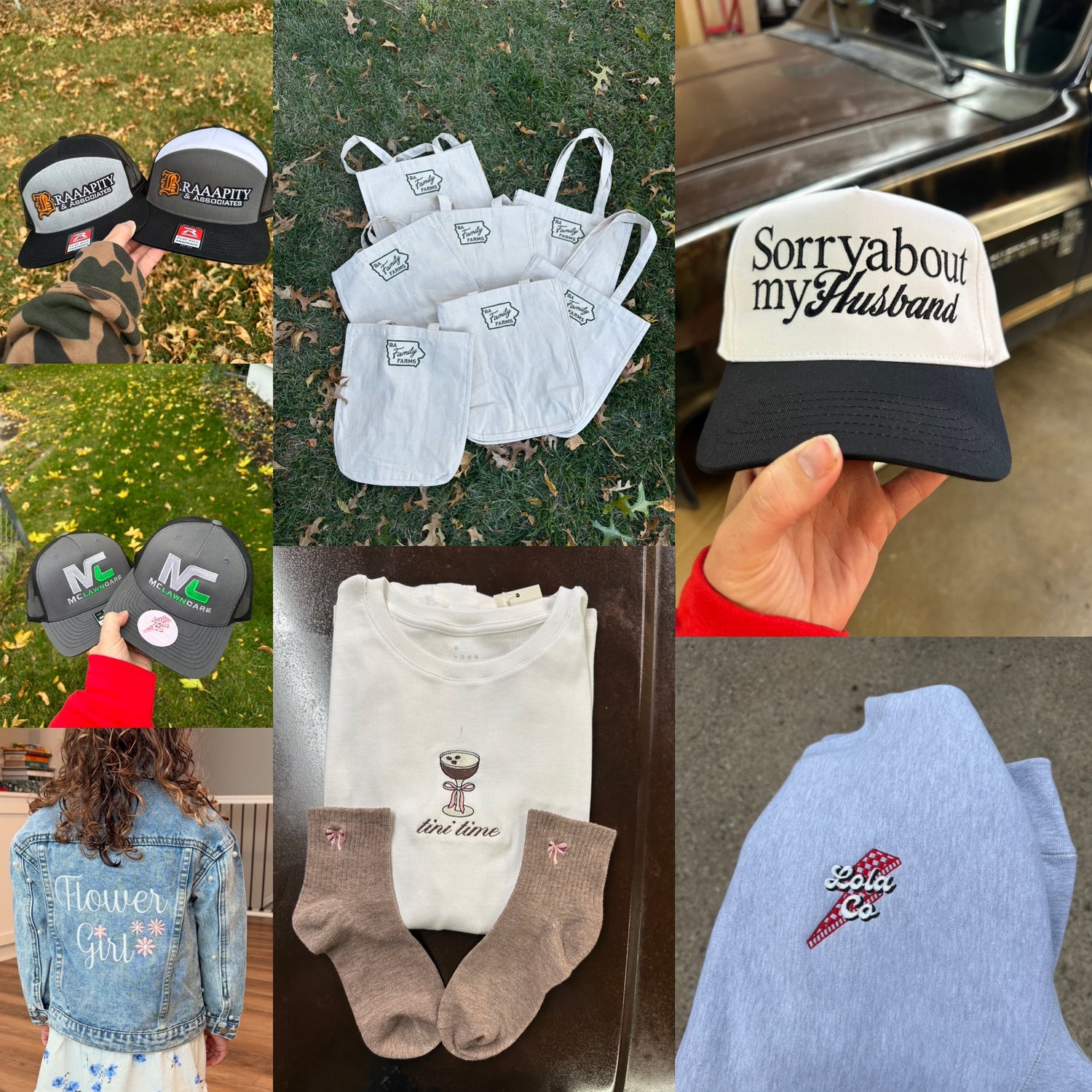 Collage of various items including hats, shirts, and socks with text and logos. embroidery