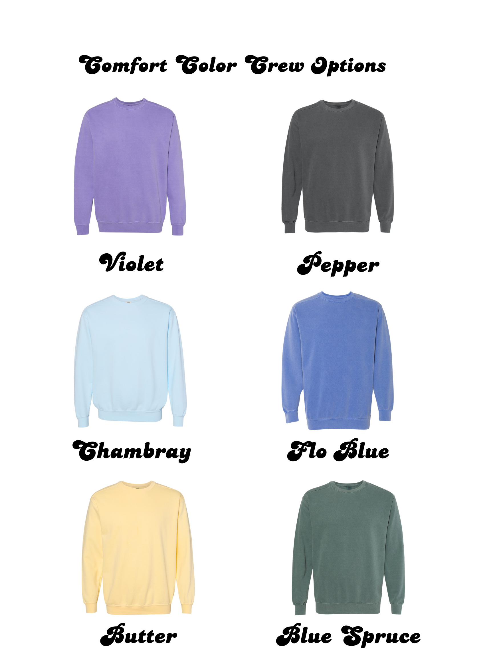Color swatches of sweatshirts labeled with color names on a white background