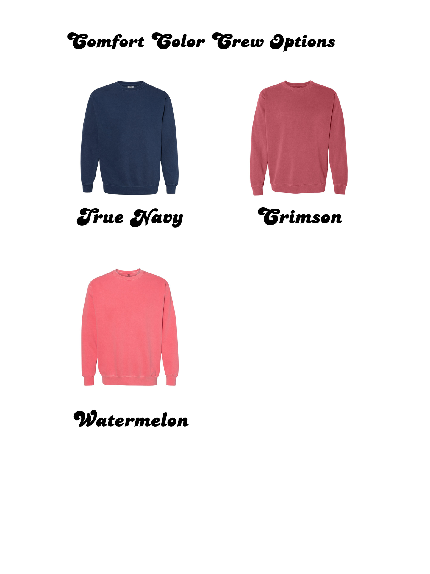 Three sweatshirts in True Navy, Crimson, and Watermelon on a white background.