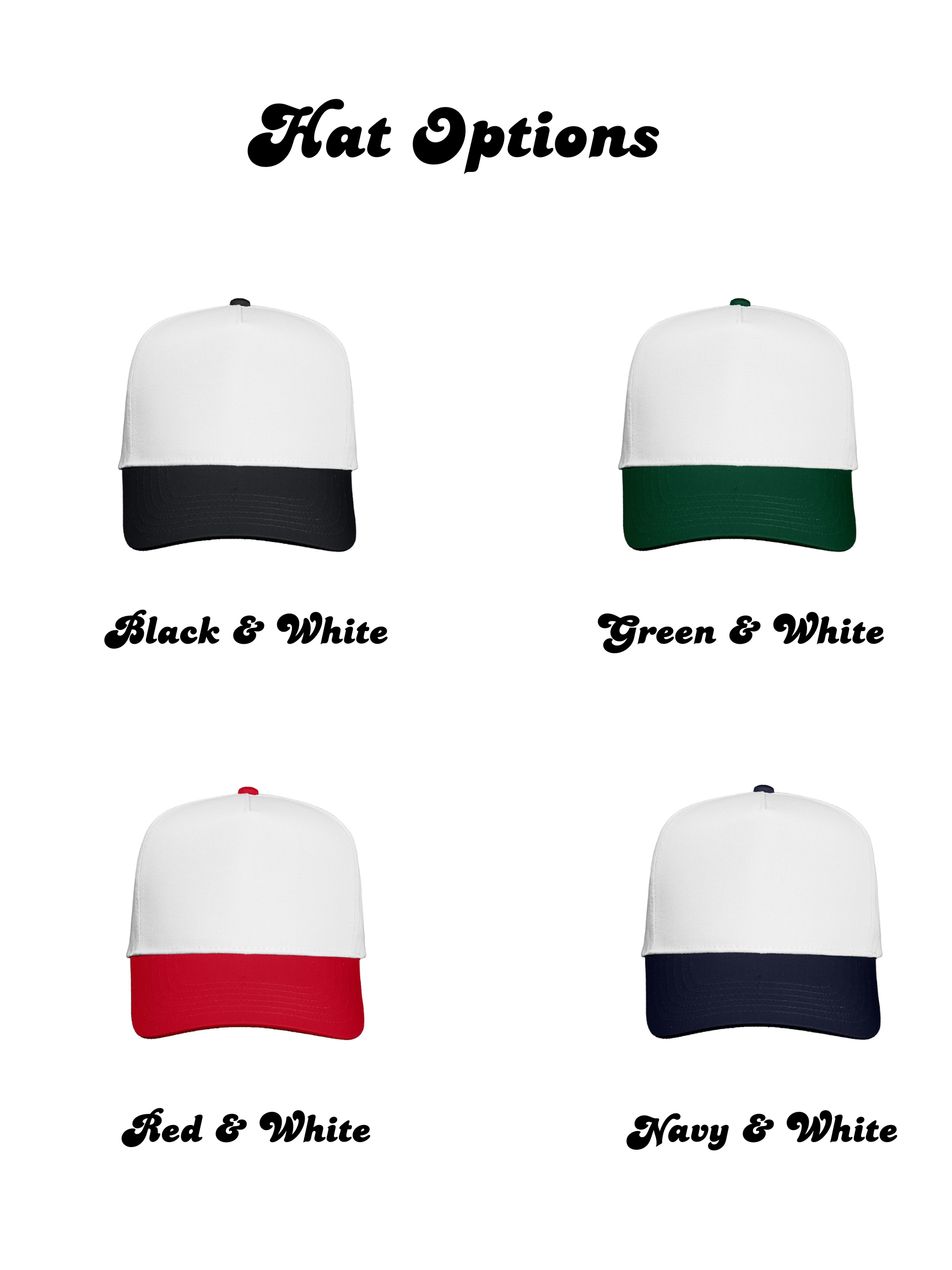 Four color options of a two-tone cap with labels on a white background.