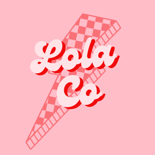 Checkered lighting bolt with 'Lola Co' text on a pink background